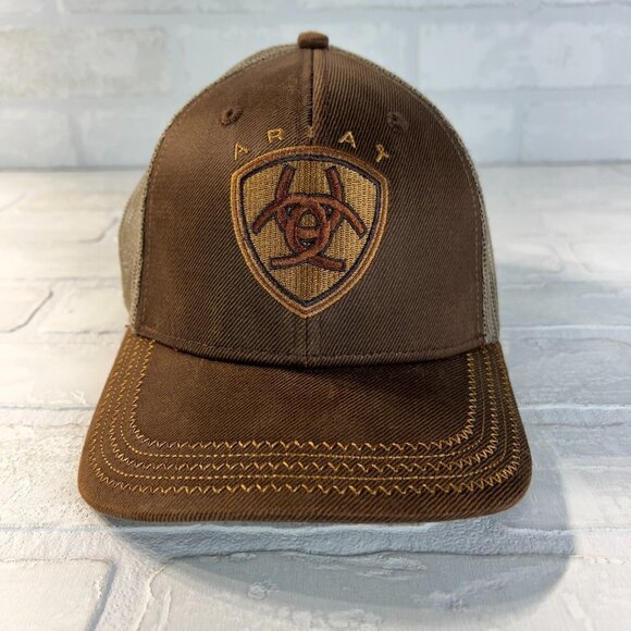 Ariat Hat Embroidered Logo Brown Mesh Back Strapback Adjustable Cowboy Western - Picture 1 of 9